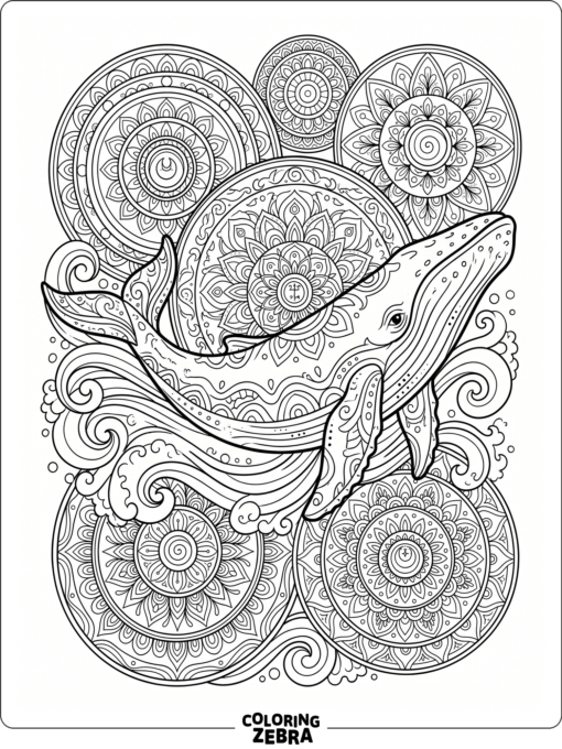 A whale with mandala patterns and wave shapes