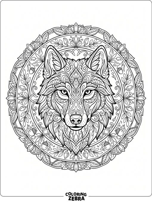 A wolf face inside a mandala circle