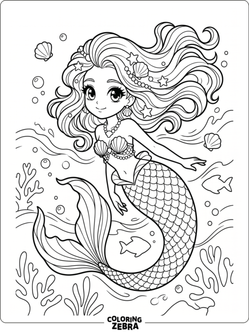 A manga mermaid with large eyes and flowing hair