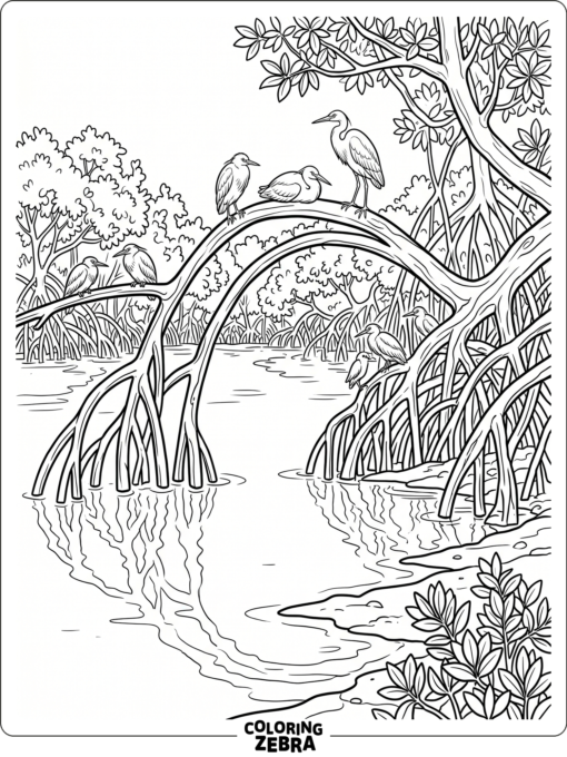 A mangrove tree with roots and birds nearby