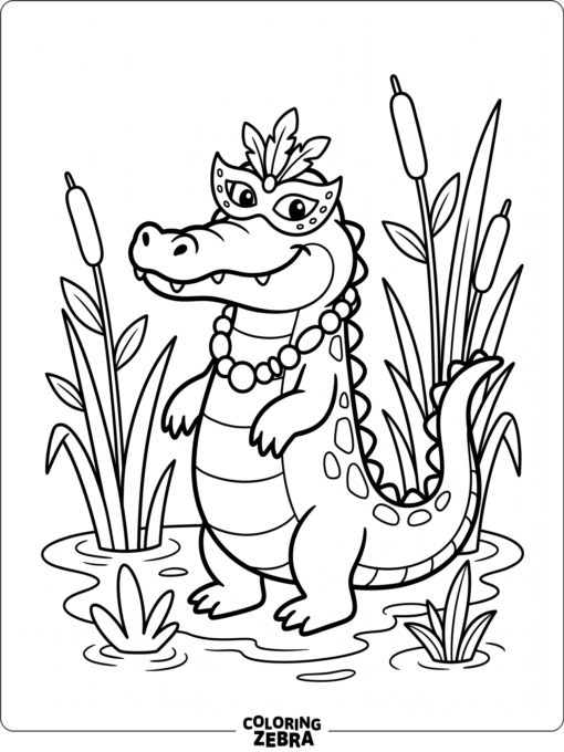 An alligator wearing beads and a mask
