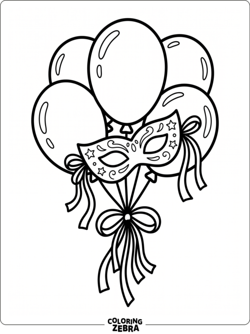 Balloons tied with ribbons and a festive mask