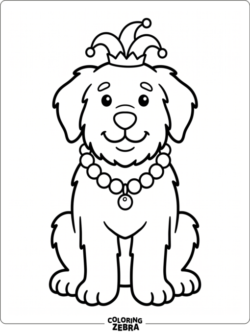 A dog with Mardi Gras beads and a jester hat