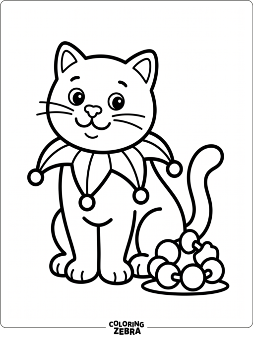 A cat wearing a jester collar beside beads
