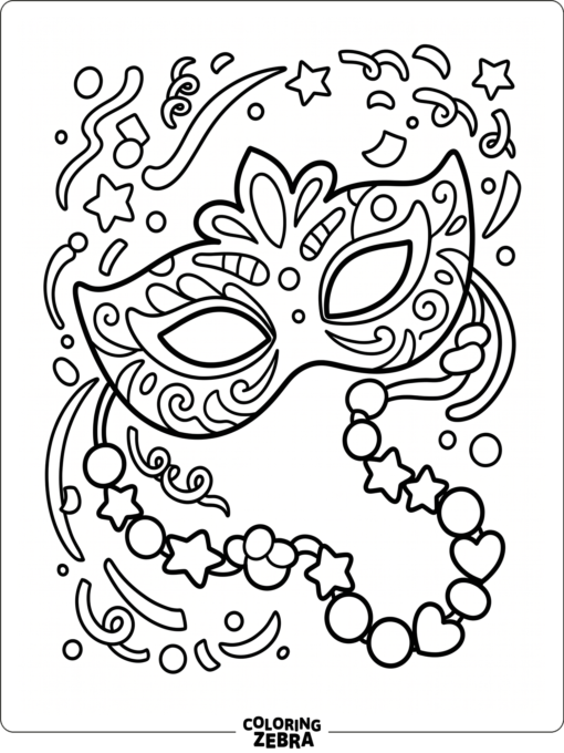 A bold Mardi Gras mask with beads and confetti