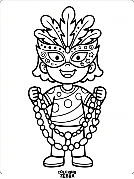 A child wearing a feathered mask and holding beads