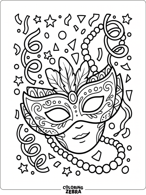 Confetti falling around a mask and beads
