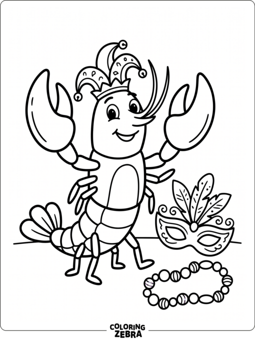 A crawfish in a jester hat with beads and a mask