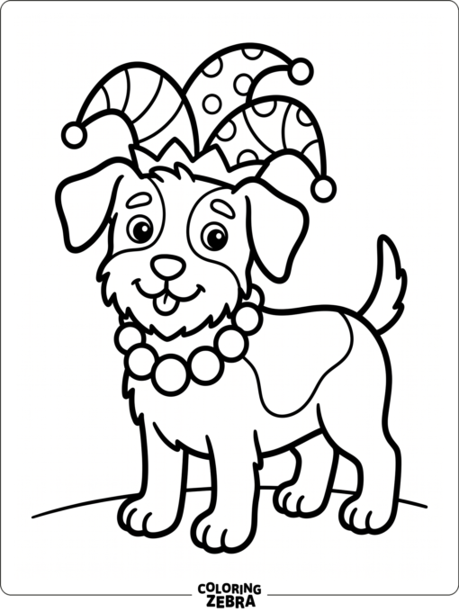 A small dog wearing beads and a jester hat