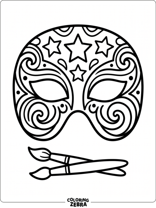 A mask design with swirls, stars, and face paint brushes