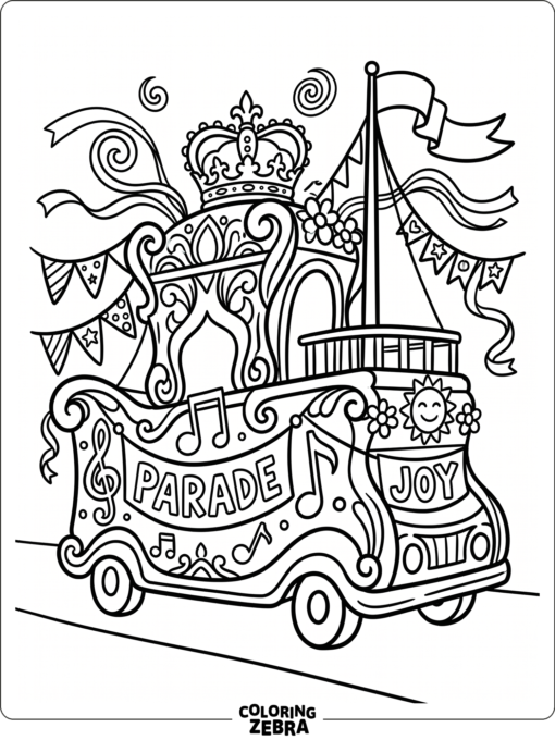 A decorated parade float with banners and streamers
