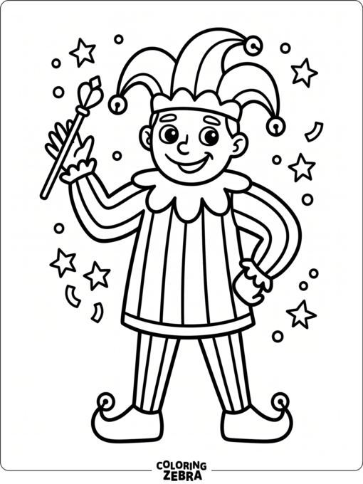 A Mardi Gras jester with bells and stripes