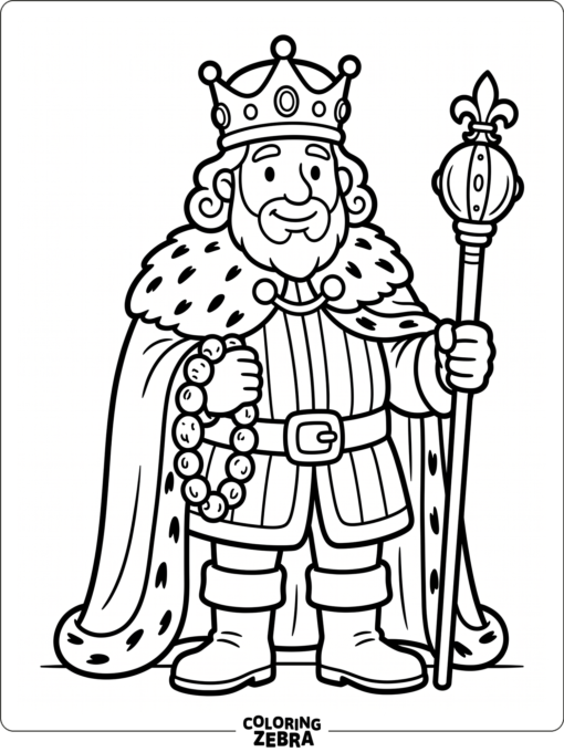 A king with a crown, cape, beads, and scepter