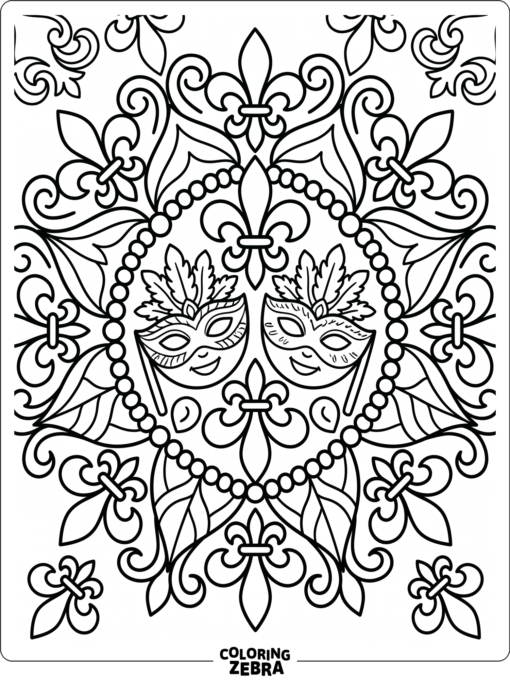 An ornate mandala with masks and fleur-de-lis shapes