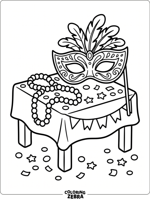 A decorative mask with beads and confetti for Mardi Gras