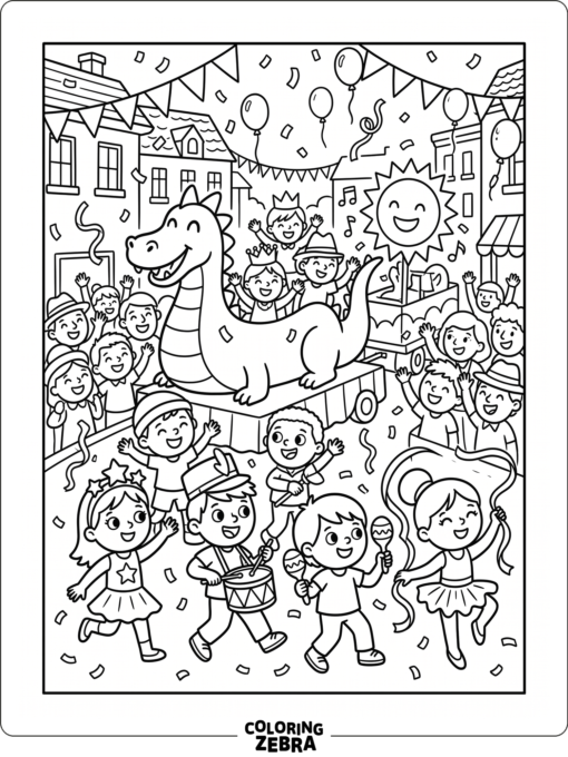 A Mardi Gras parade with floats and dancers