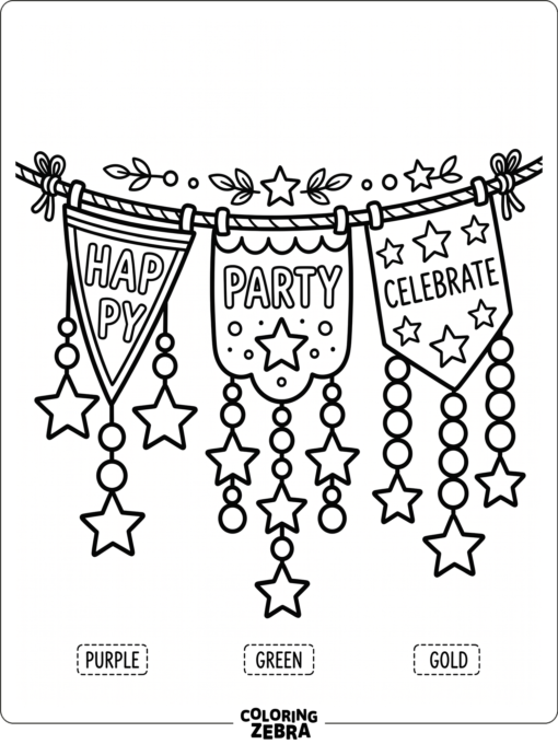 Purple, green, and gold banners with beads