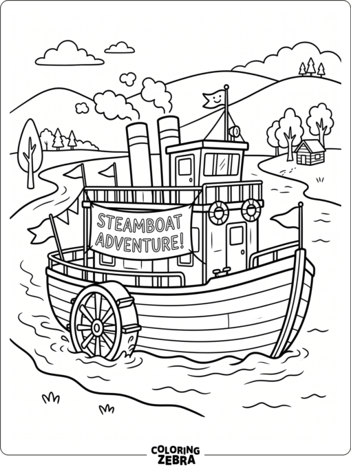 A steamboat cruising on the river with banners