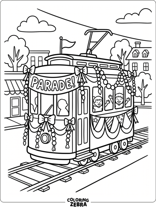 A decorated streetcar with banners and parade beads