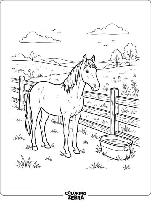 A mare stands by a fence and water trough