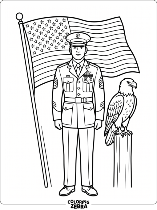 A Marine standing at attention with an eagle and flag