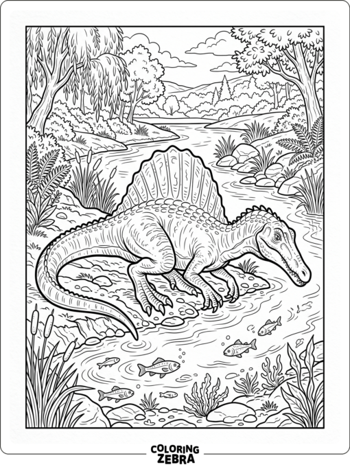 A marine hunting spinosaurus at the waterline