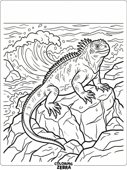 A marine iguana on lava rocks near ocean waves