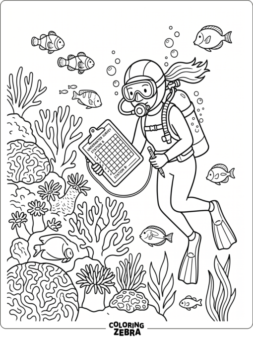 Escena de ciencias marinas con un buceador, peces y corales