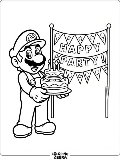 A plumber character holding a cake and banner