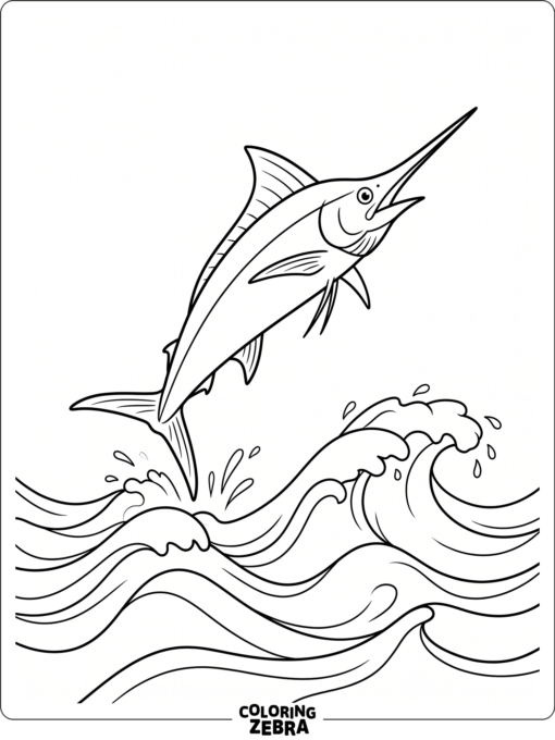 A marlin fish leaping above rolling waves