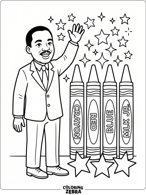 Martin Luther King Jr. waving near crayons and stars