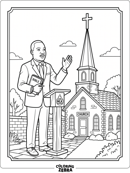 Martin Luther King Jr. beside a church steeple and cross