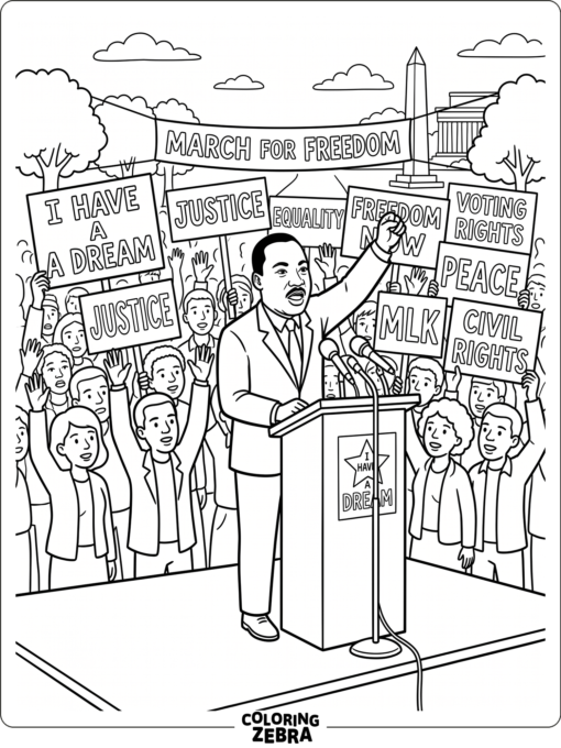 Martin Luther King Jr. speaking before a crowd with signs