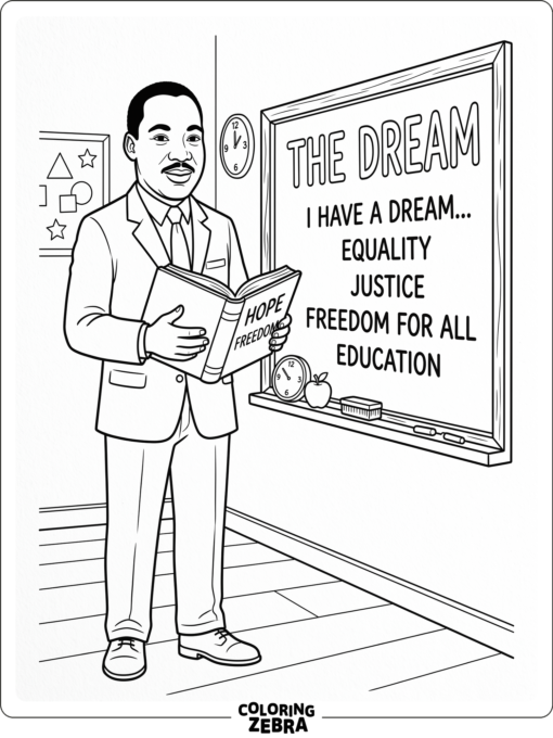 Martin Luther King Jr. holding a book by a chalkboard