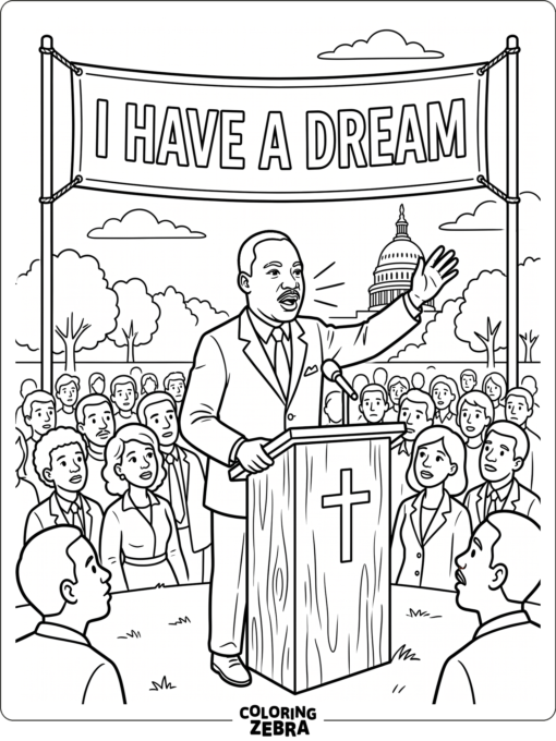 Martin Luther King Jr. speaking under an I Have a Dream banner