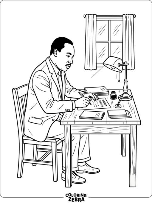Martin Luther King Jr. writing at a desk with papers