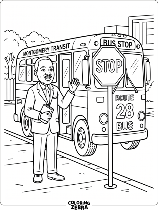 Martin Luther King Jr. beside a bus and stop sign