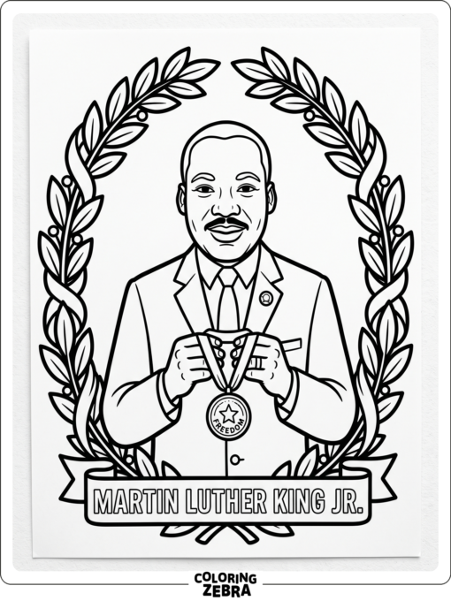 Martin Luther King Jr. holding a medal with laurel leaves