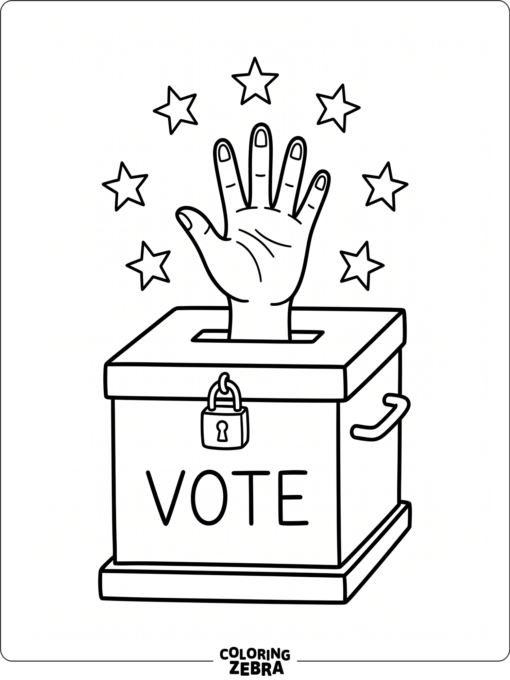 Voting ballot box with a raised hand and stars
