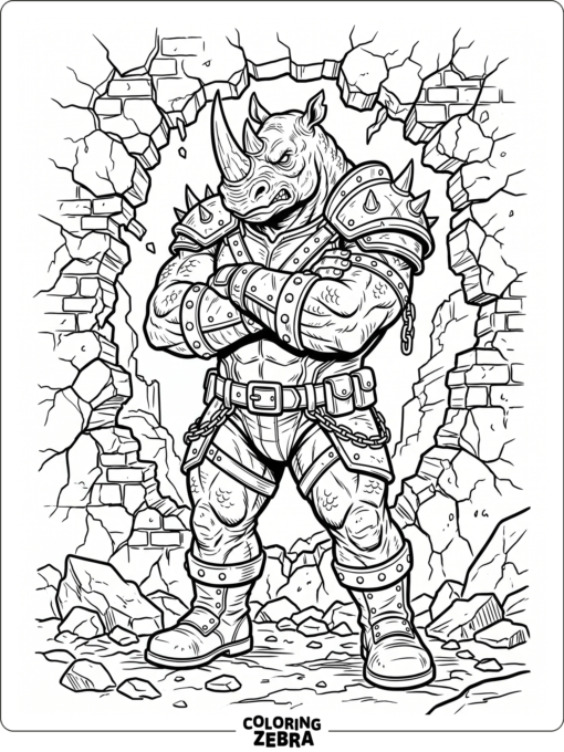A rhino villain poses with crossed arms near a cracked wall