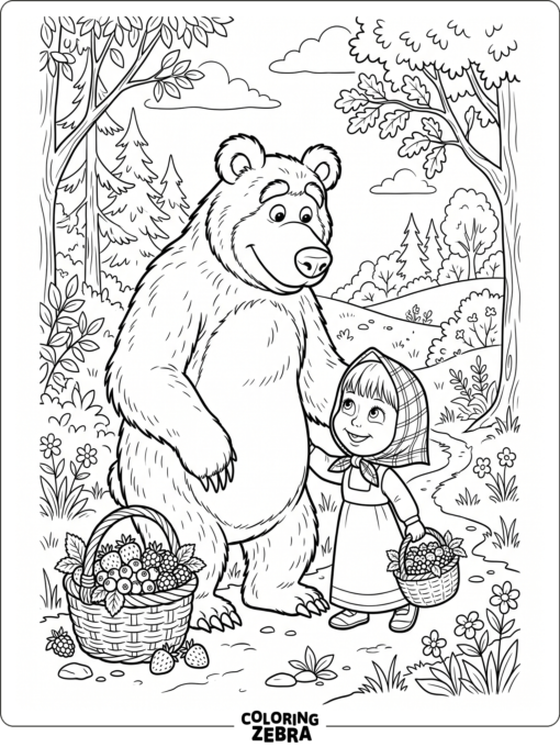 Masha stands beside a bear with a basket of berries
