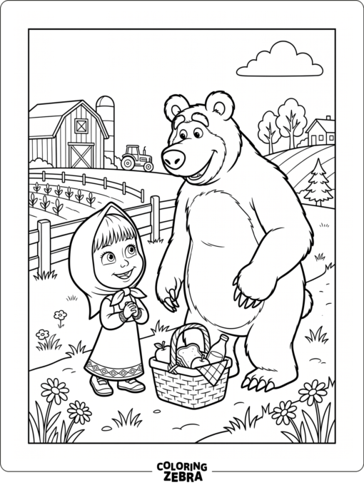 Masha stands with a bear beside a picnic basket