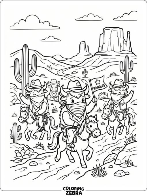 Buffalo bandits riding tiny horses through a western desert