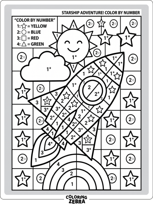 Una sencilla cuadrícula numérica con estrellas y círculos para colorear por números