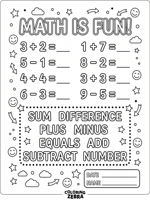 Una página con diseño de aula que incluye letras, símbolos y términos matemáticos