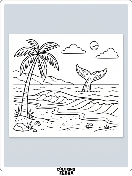A Maui beach scene with a whale tail and palm tree