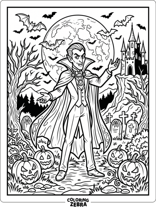 Dracula surrounded by bats and pumpkins on Halloween night