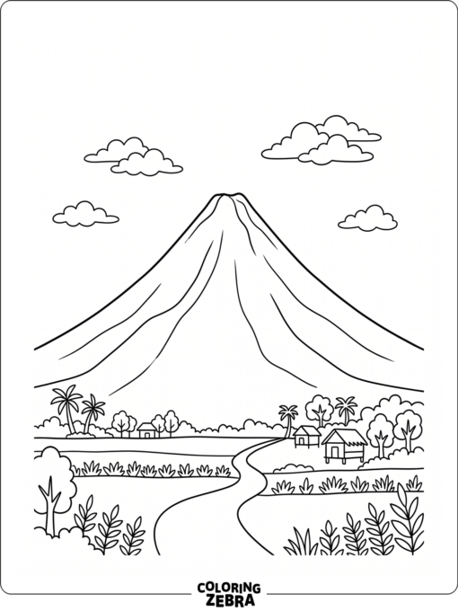 A smooth cone volcano with clouds overhead