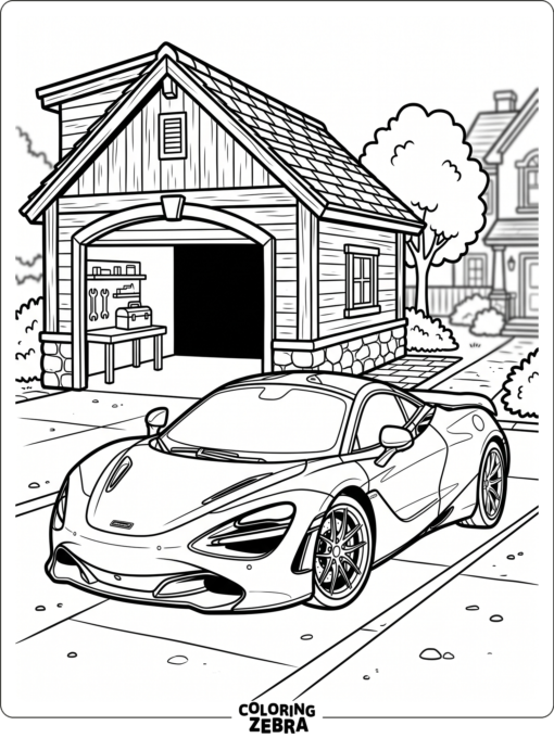 McLaren sports car in front of a garage