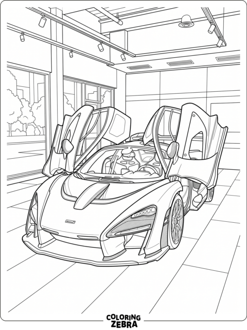 McLaren with doors open in a showroom